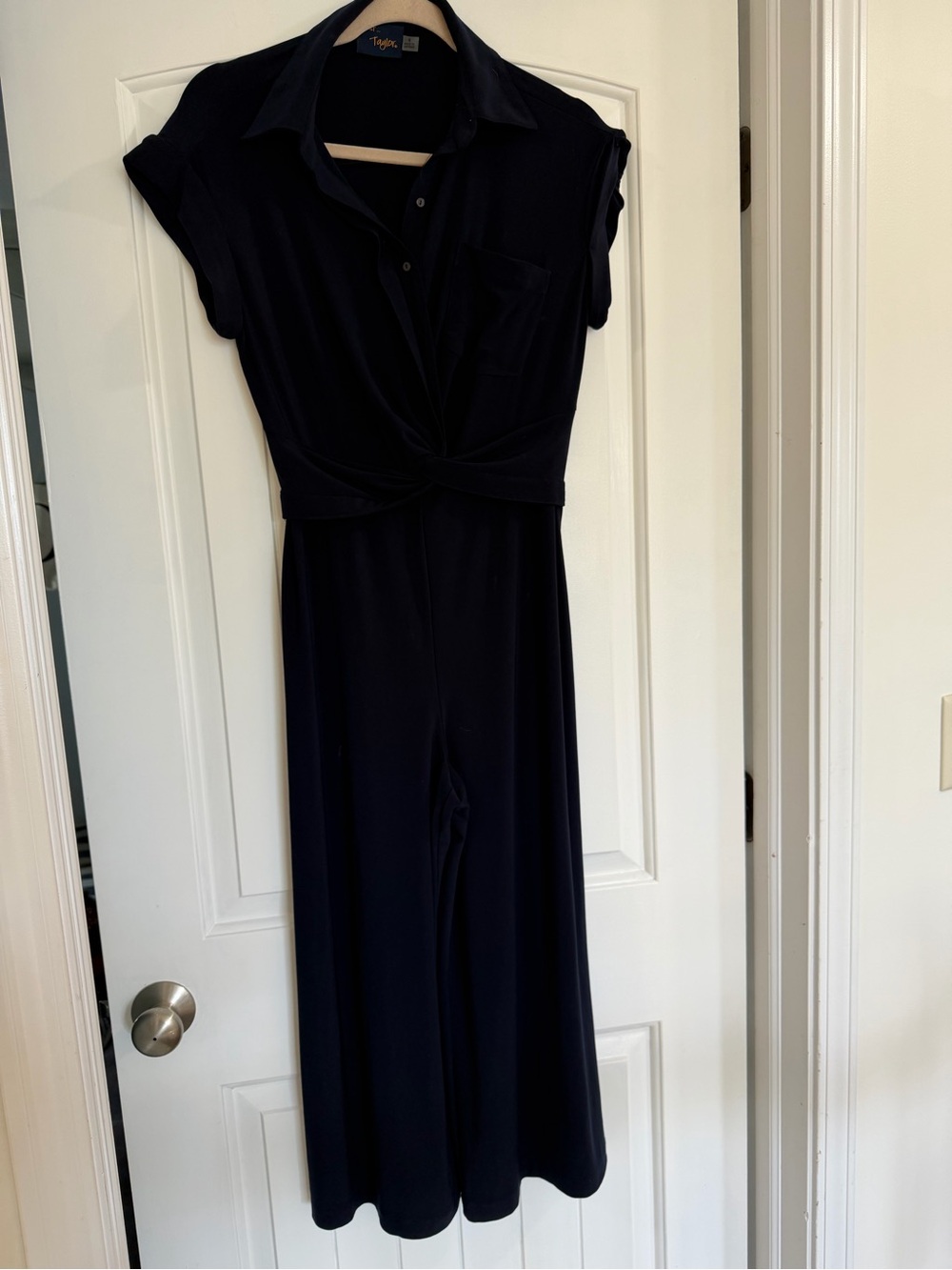 Navy Short-Sleeve Knot-Front Capri Jumpsuit